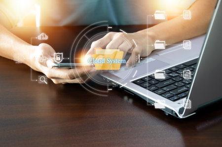 Concept: Business people are using cloud computing, cloud storage and network data sharing.