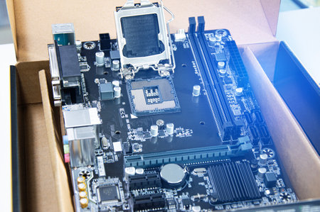 Top view of computer motherboard. Computer components. Motherboard and circuitry.