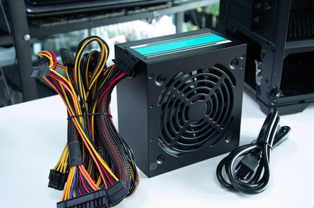 Side view of computer power supply, computer components, motherboard and electrical circuits.