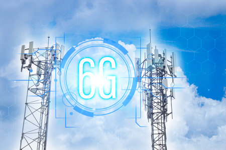 6G Digital Network and Internet of Things on the Signal Tower, 6G Wireless Network, Internet Conceptの写真素材