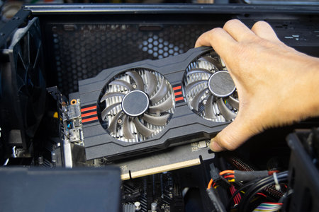 Technicians are assembling graphics cards, computer components.の写真素材