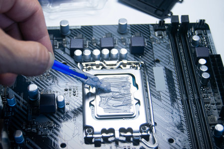 Technician is applying thermal silicone to CPU.の写真素材