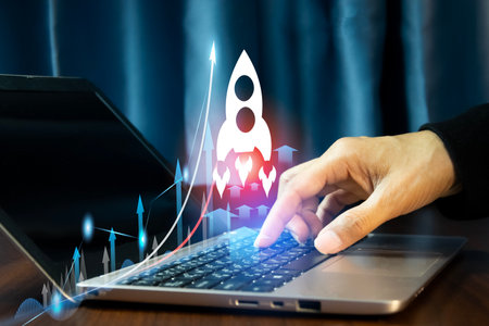 A business idea starts like a rocket. Strategic Planning and Organizational Startup Initiatives Aiming to achieve objectives through value development, promoting leadership Target group of customersの写真素材