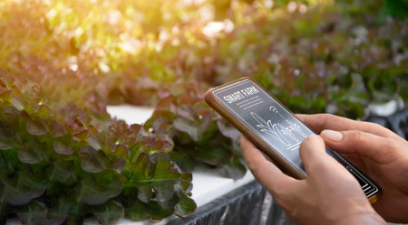Farmer using smart foam in vegetable plot with smart farming interface icon and sunset flare effect....