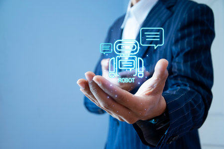 Chatbot conversations, AI-powered social communication, digital online concepts with artificial...