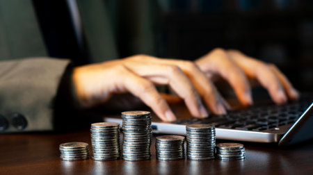 A stack of silver coins, each layer representing growth and accumulation, reflecting prosperity, value and financial success.の写真素材