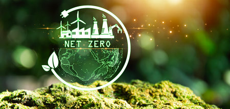 Net Zero Greenhouse Gas Emissions Concept and Net Zero Carbon Emissions Target, Climate Neutral on Green Background. Carbon Neutrality and AI Industry 5.0 Concept.の写真素材