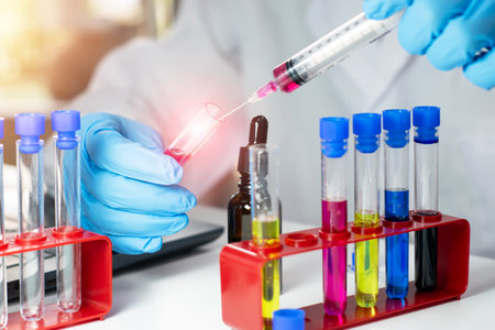 Scientist doing chemical experiment in laboratory with flask of liquid. Concept of science research, chemistry study and laboratory investigation.の写真素材