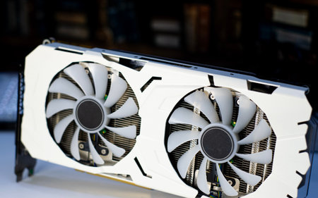 Side view of white graphics card, computer parts