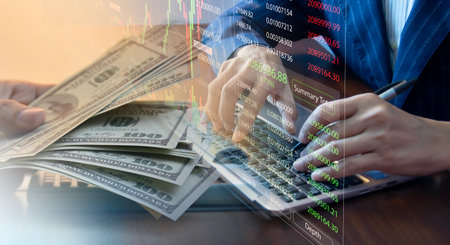 Planning, analyzing indicators and buying and selling strategies, stock market, business growth, progress or success.の写真素材