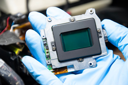 CCD image sensor, the internal imaging component of a DSLR camera, camera repairの写真素材