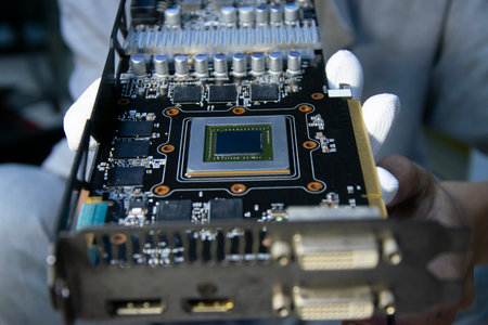 Technician holding a graphics card, computer parts, circuit repair