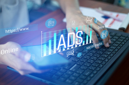 Online selling concept in digital marketing, Digital marketing strategy analysis for branding, online advertising, website and social media advertising.の写真素材