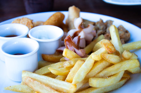 Fried French Fries and Fried Sausages