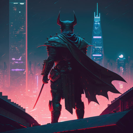 Fantasy illustration of a knight in armor with a sword on the background of the night city.の素材