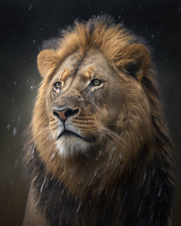 Portrait of a lion in the rain on a black background.の素材