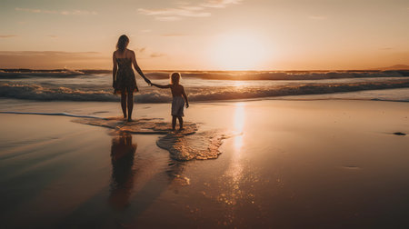 Mother and daughter walking on the beach at sunset. Family vacation conceptの素材