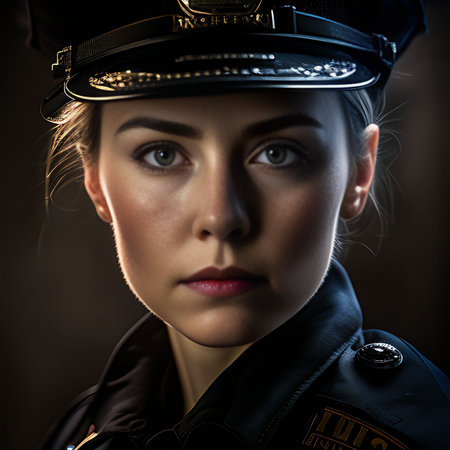 Portrait of a beautiful police woman in uniform. Studio shot.の素材