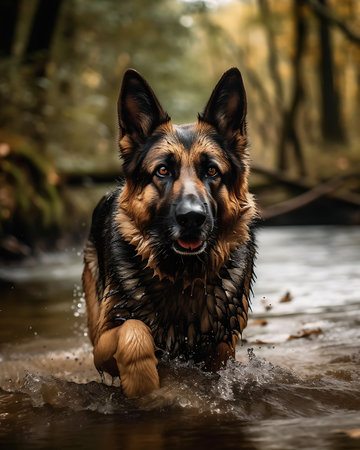 German shepherd dog swimming in a small river in the autumn forest.の素材