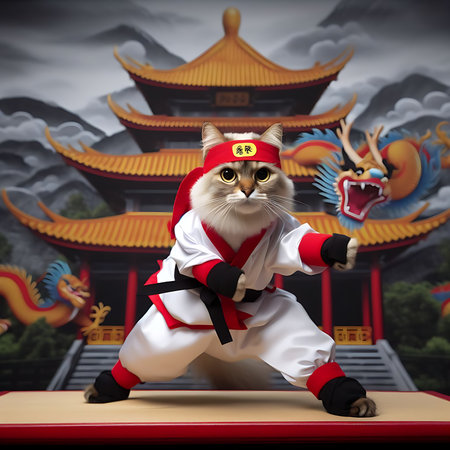 A cat dressed in a karate suit is standing on the floor.の素材