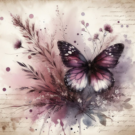 Abstract watercolor background with butterfly and flowers. Hand-drawn illustration.の素材