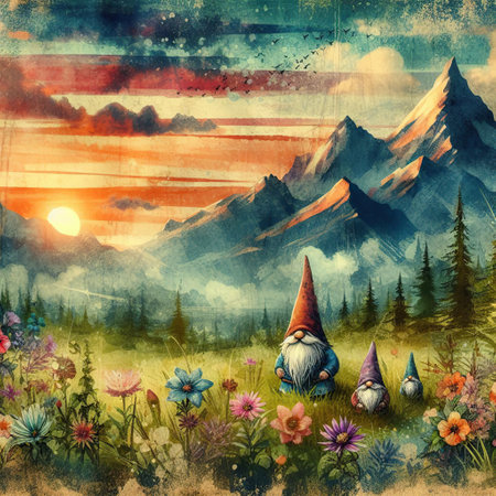 Garden gnomes in the mountains at sunset. Digital painting.の素材