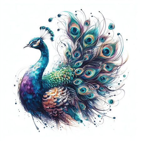 Beautiful peacock on white background. Hand-drawn illustration.の素材