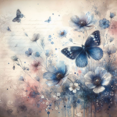 Beautiful flowers with butterfly on grunge background, watercolor paintingの素材