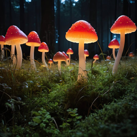 Fantastic red mushrooms in the dark forest at night. Fantasy magic landscape.の素材