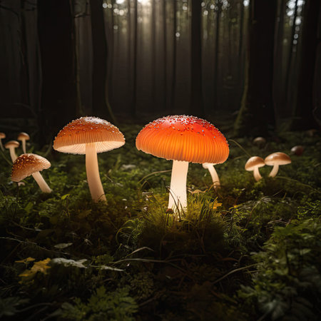 Beautiful red fly agaric mushrooms in the forest at nightの素材