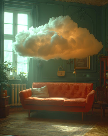 Composite image of a fluffy cloud above a sofa in a classic interiorの素材