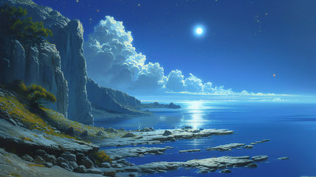 Fantasy alien planet. Mountain and lake. 3D illustration.の素材