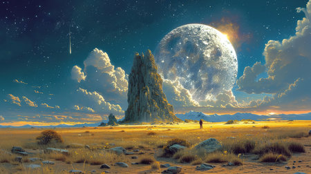 Fantasy alien planet. Mountain and full moon. 3D illustrationの素材