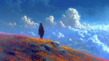 Fantasy landscape with a witch standing on a hill. 3d renderの素材