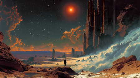 Fantasy alien planet. Mountain and man. 3D illustration.の素材