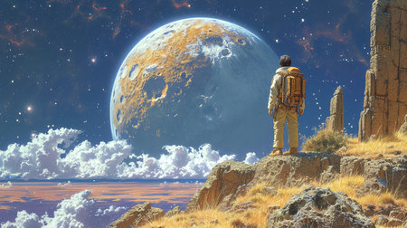 Man with backpack standing on the edge of a cliff and looking at the moonの素材