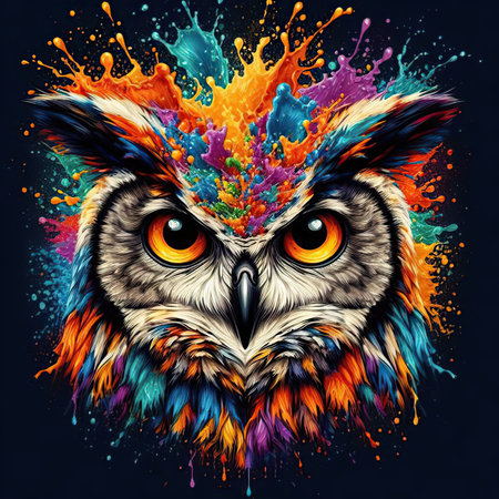 Owl with colorful splashes on dark background. Vector illustration.の素材