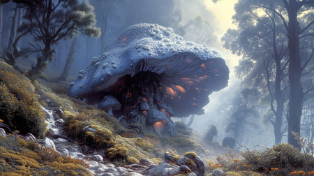 Fantasy landscape with fantasy forest and fog. 3d illustration.の素材