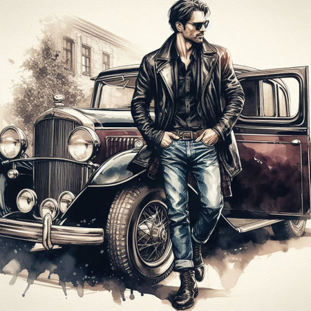 Handsome man in leather jacket and jeans standing near vintage car. Hand drawn illustration.の素材