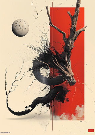 Vintage style illustration of a tree with a drogon and the moonの素材