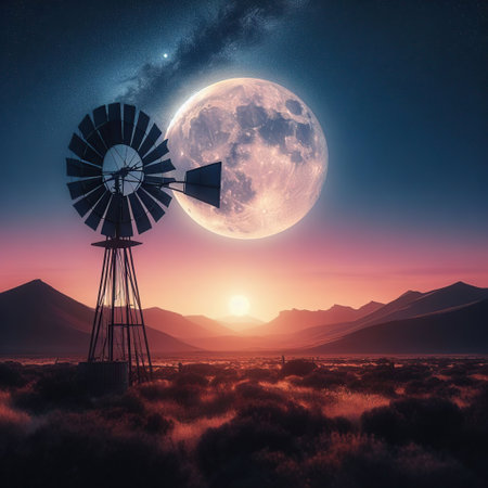 Vintage windmill with full moon at sunset. 3D renderingの素材