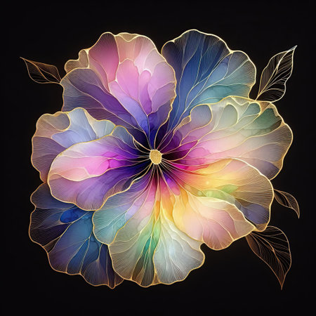 Colorful hibiscus flower isolated on black background. Hand-drawn illustration.の素材