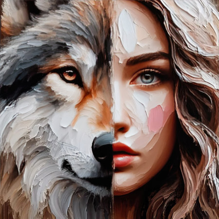 Portrait of a beautiful young girl with a wolf face painting.の素材
