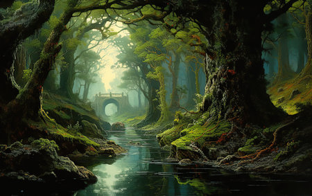 Fantasy landscape with river and old trees. 3D rendering.の素材