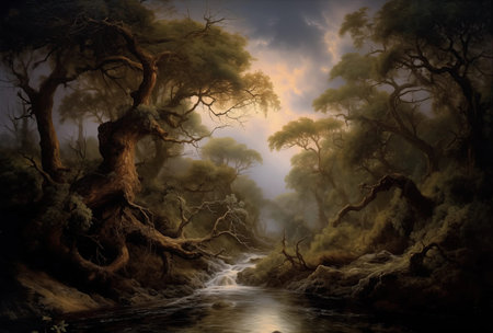 Digital painting of a river flowing through a forest in the late afternoonの素材
