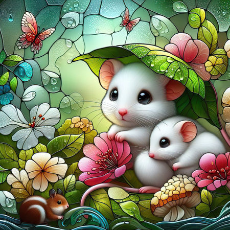 Illustration in stained glass style with cute white mice and flowers and butterfliesの素材
