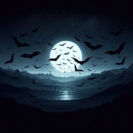 Halloween background with flying bats and full moon. Vector illustration.の素材