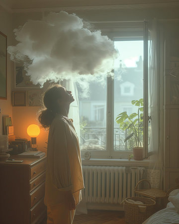 Young woman in pajamas standing by the window and a cloud hover overheadの素材