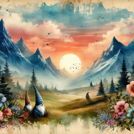 Magic fantasy landscape with unicorn, mountains, flowers and moon. Digital painting.の素材