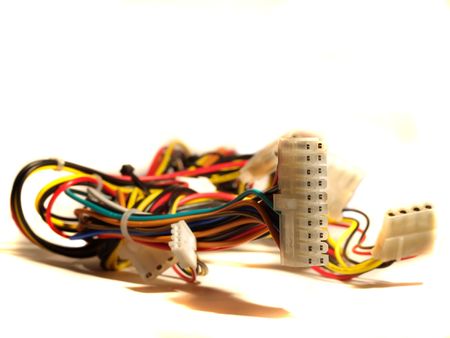 Bunch of multi-colored cables and conesctors from computer power supply.